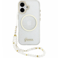 Guess IML Glitter Script Strap husă cu MagSafe și curea pentru iPhone 17 - transparent
