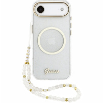 Husă Guess IML Glitter Script Strap cu MagSafe și curea pentru iPhone Air - transparentă