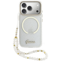 Husă Guess IML Glitter Script Strap cu MagSafe și curea pentru iPhone 17 Pro Max - transparent