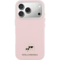 Husă Karl Lagerfeld Karl and Choupette Heads Pins din piele PU cu MagSafe pentru iPhone 17 Pro Max - roz