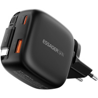 ESSAGER ES-CD60 GaN set adaptor cu porturi USB-C / USB-A și cablu retractabil USB-C - 65W - negru