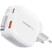 ESSAGER ES-CD60 GaN set adaptor cu porturi USB-C / USB-A și cablu USB-C retractabil - 65W - alb
