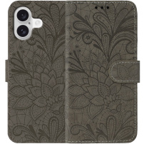 Husă tip carte cu model de dantelă pentru iPhone 16 - maro