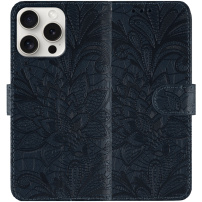 Husă tip carte cu model de dantelă pentru iPhone 16 Pro - albastru închis