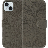 Husă tip carte cu model de dantelă pentru iPhone 15 - maro