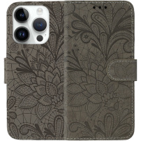 Husă tip carte cu model de dantelă pentru iPhone 14 Pro Max - maro