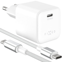 Set adaptor FIXED Mini GaN cu port USB-C și cablu USB-C la USB-C - 65W - 2 m - alb