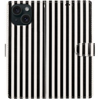 Husă tip carte cu dungi pentru iPhone 15 Plus - alb-negru