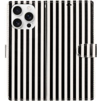 Husă tip carte cu dungi pentru iPhone 15 Pro Max - alb-negru