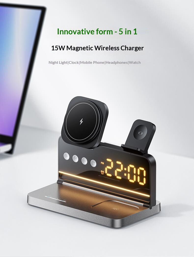 HT-568 Suport magnetic pliabil Wireless 3în1 cu ceas, alarmă și iluminare de fundal pentru iPhone / Apple Watch / AirPods - 15W - gri HT-568 Suport magnetic pliabil Wireless 3în1 cu ceas, alarmă și iluminare de fundal pentru iPhone / Apple Watch / AirPods - 15W - gri