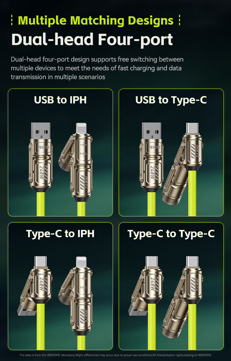 WEKOME WDC-80 2în1 cablu spiralat de încărcare și date - USB-C / USB-A la USB-C / Lightning - 1,8 m - verde neon