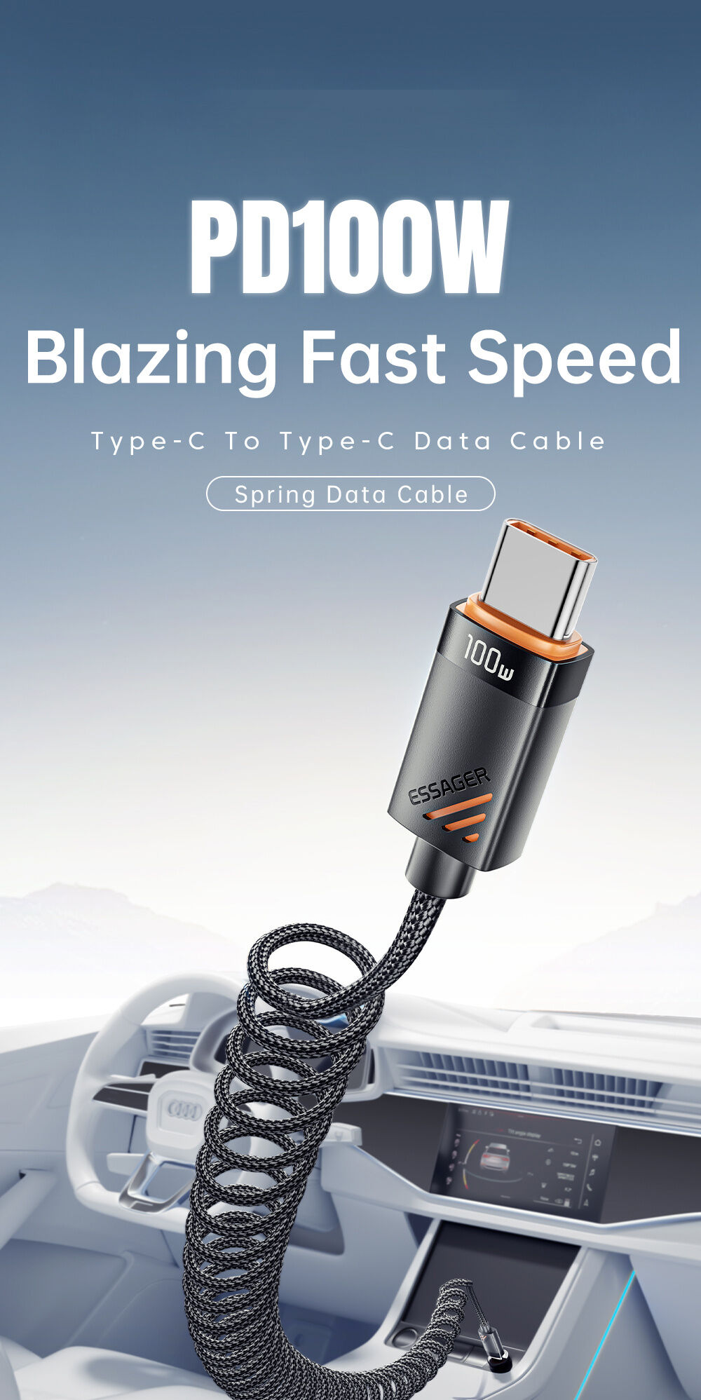 ESSAGER Cablu spiralat împletit de încărcare și date - USB-C la USB-C - 1,8 m - negru
