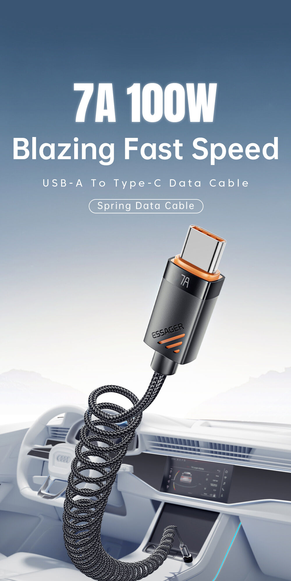 ESSAGER cablu spiralat împletit de încărcare și date - USB-A la USB-C - 1,8 m - negru
