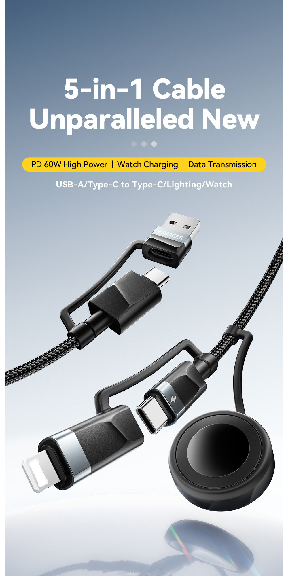ESSAGER 3-în-1 cablu universal împletit de încărcare și date - USB-C / USB-A la puck magnetic / USB-C / Lightning - 2 m - negru ESSAGER 3-în-1 cablu universal împletit de încărcare și date - USB-C / USB-A la puck magnetic / USB-C / Lightning - 2 m - negru