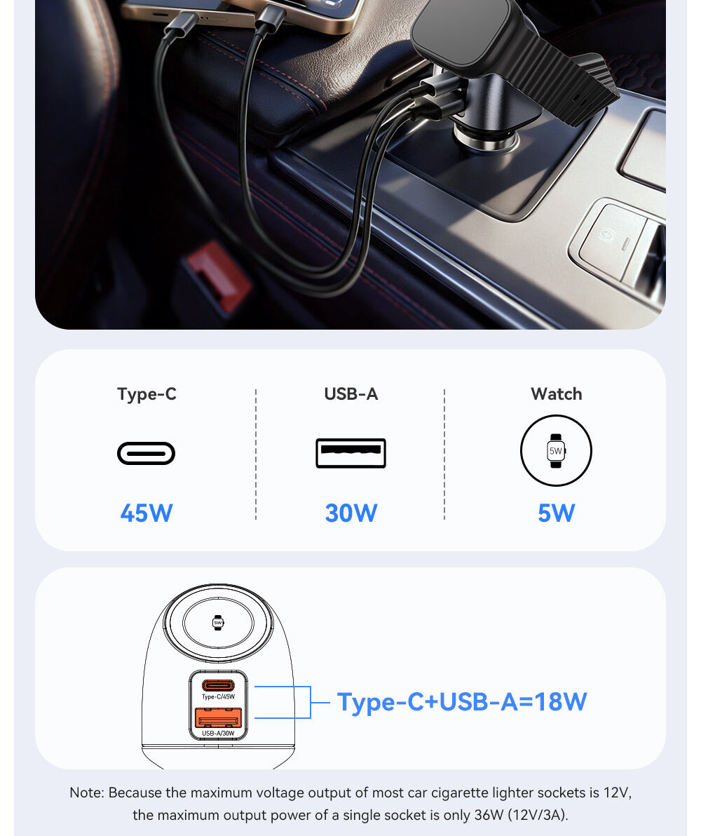 Încărcător auto ESSAGER ES-CC31 cu porturi USB-C / USB-A și încărcător integrat pentru Apple Watch - 50W - gri Încărcător auto ESSAGER ES-CC31 cu porturi USB-C / USB-A și încărcător integrat pentru Apple Watch - 50W - gri