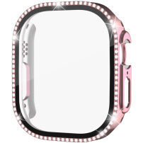 xDfind Husă tip carte decorată cu pietricele cu Folie de sticlă securizată pentru Apple Watch Ultra 49mm - roz