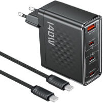 Toocki TCT140 GaN set adaptor cu porturi 3x USB-C / USB-A și cablu USB-C la USB-C - 140W - 2 m - negru