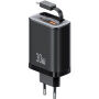 USAMS CC296 GaN set adaptor cu porturi USB-C / USB-A și cablu USB-C retractabil - 30W - negru