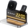 HT-568 Suport magnetic pliabil Wireless 3în1 cu ceas, alarmă și iluminare de fundal pentru iPhone / Apple Watch / AirPods - 15W - gri