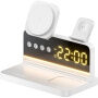 HT-568 Suport 3în1 pliabil magnetic Wireless cu ceas, alarmă și iluminare de fundal pentru iPhone / Apple Watch / AirPods - 15W - alb