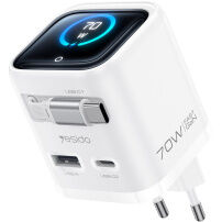 Yesido YC123 GaN set de Adaptor cu afișaj și porturi USB-C / USB-A și Cablu USB-C retractabil - 70W - alb