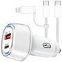 P78 set încărcător auto cu porturi USB-C / USB-A și cablu USB-C la USB-C / Lightning - 55W - 1 m - alb