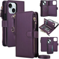 2în1 Husă tip carte detașabilă cu MagSafe, portofel și curea pentru iPhone 15 - violet închis