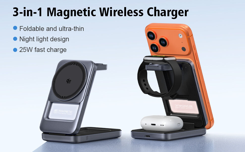 Suport Wireless magnetic pliabil Q29 Qi2.2 3în1 pentru iPhone / Apple Watch / AirPods - 25W - alb