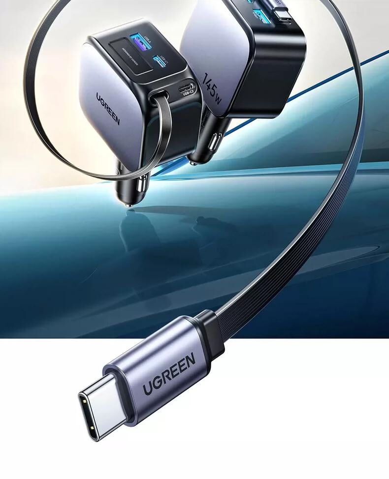 UGREEN EC604 set încărcător auto cu porturi 2x USB-C / USB-A și Cablu USB-C retractabil - 145W - 70 cm - gri