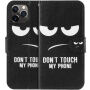 Husă flip cu stativ, Do not touch my phone, pentru iPhone 11 Pro - negru