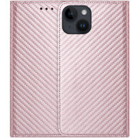 Carcasă flip cu modelul fibrei de carbon pentru iPhone 14 - roz-auriu