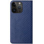 Carcasă flip cu modelul fibrei de carbon pentru iPhone 13 Pro Max - albastru