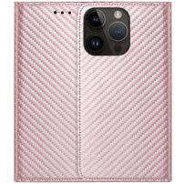 Carcasă flip cu modelul fibrei de carbon pentru iPhone 13 Pro Max - roz-auriu
