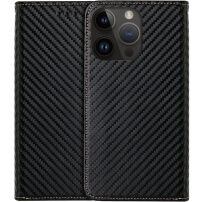 Carcasă flip cu modelul fibrei de carbon pentru iPhone 14 Pro - negru