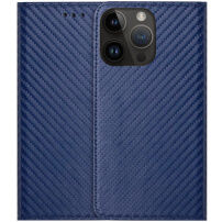 Carcasă flip cu modelul fibrei de carbon pentru iPhone 14 Pro - albastru