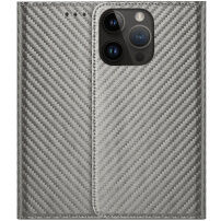 Carcasă flip cu modelul fibrei de carbon pentru iPhone 14 Pro Max - gri