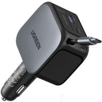 UGREEN EC604 set încărcător auto cu porturi 2x USB-C / USB-A și Cablu USB-C retractabil - 145W - 70 cm - gri