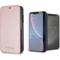 Husă și sticlă durificată Guess Bundle, pentru iPhone XR - roz-auriu