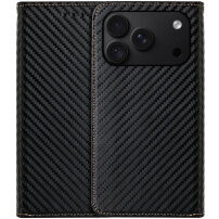 Husă tip carte cu model din fibră de carbon pentru iPhone 17 Pro / 18 Pro - negru