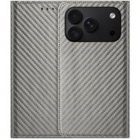 Husă tip carte cu model din fibră de carbon pentru iPhone 17 Pro / 18 Pro - gri