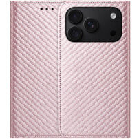 Husă tip carte cu model de fibră de carbon pentru iPhone 17 Pro / 18 Pro - roz