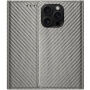 Husă tip carte cu model de fibră de carbon pentru iPhone 16 Pro Max - gri