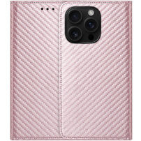 Husă tip carte cu model din fibră de carbon pentru iPhone 16 Pro Max - roz