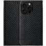 Husă tip carte cu model din fibră de carbon pentru iPhone 15 Pro - negru