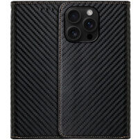 Husă tip carte cu model din fibră de carbon pentru iPhone 15 Pro - negru