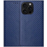 Husă tip carte cu model de fibră de carbon pentru iPhone 15 Pro - albastru închis