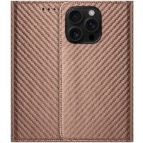 Husă tip carte cu model din fibră de carbon pentru iPhone 15 Pro - maro