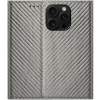 Husă tip carte cu model din fibră de carbon pentru iPhone 15 Pro - gri