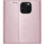 Husă tip carte cu model din fibră de carbon pentru iPhone 15 Pro - roz