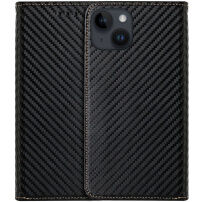 Husă tip carte cu model din fibră de carbon pentru iPhone 15 - negru